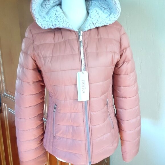 NEW ♡ Reversible Puffer Fleece Hoodie Jacket Cream Copper Small or XS - Picture 1 of 5